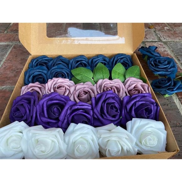 25 count | Navy Blue Purple White Roses Wedding Party Bouquet Centerpiece Decor - Picture 1 of 1